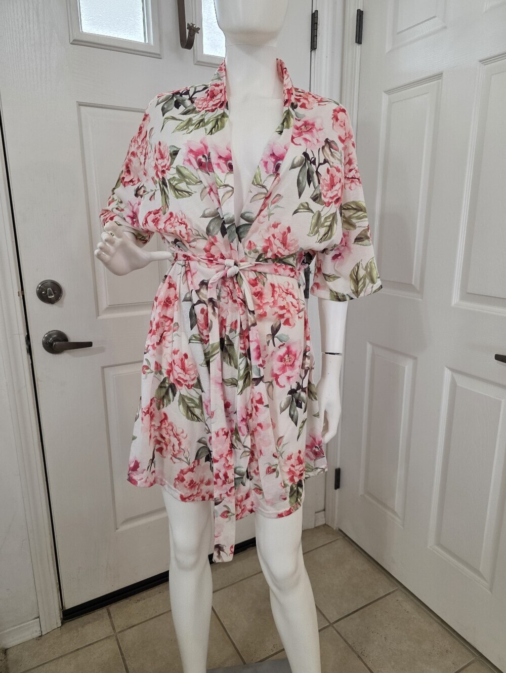 Umgee Pink & Green Floral Short Robe with Tie Waist
